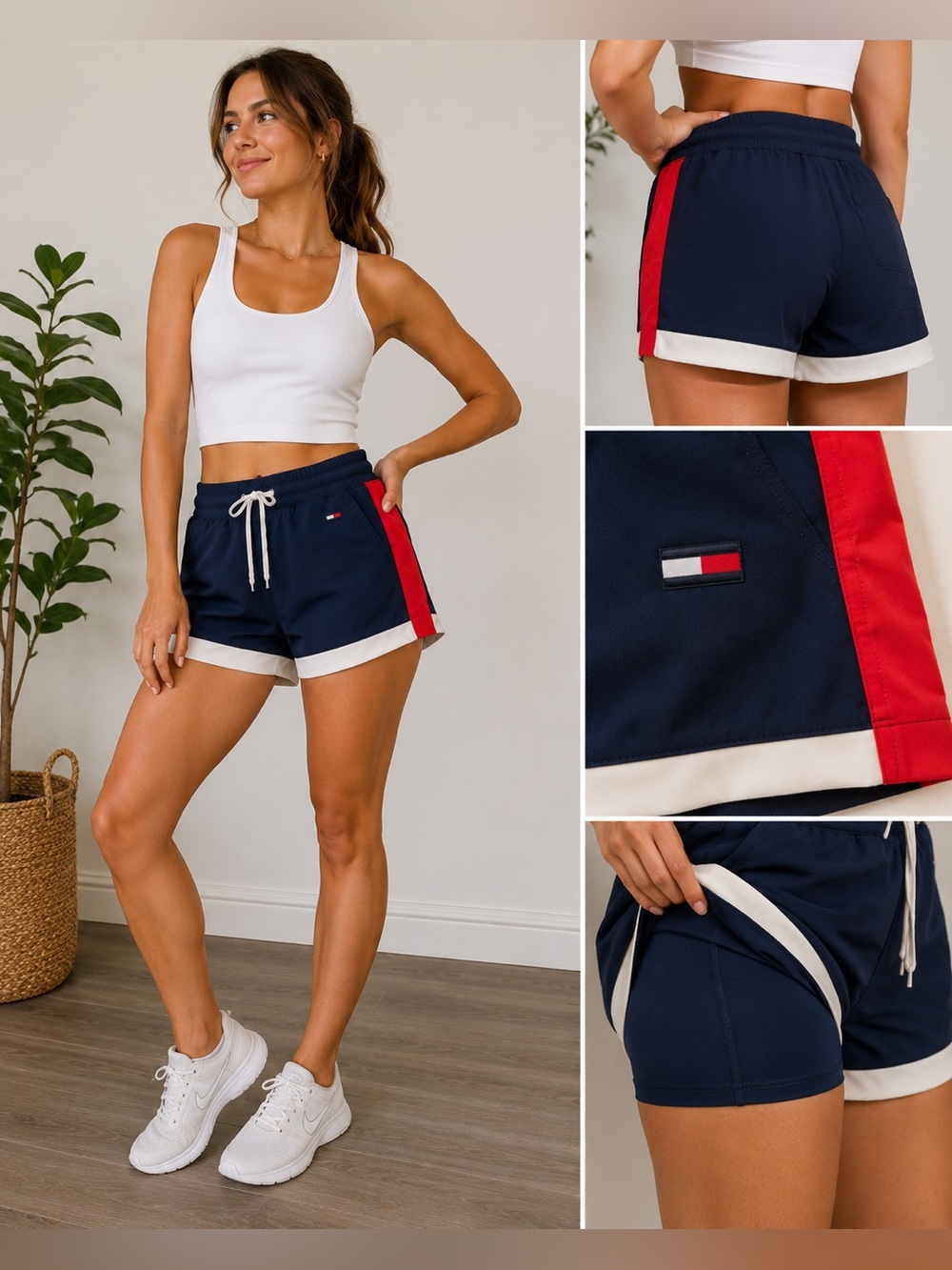 Tommy Hilfiger Sport Shorts S Oversized Fits M Navy Red White 2-in-1 Lined